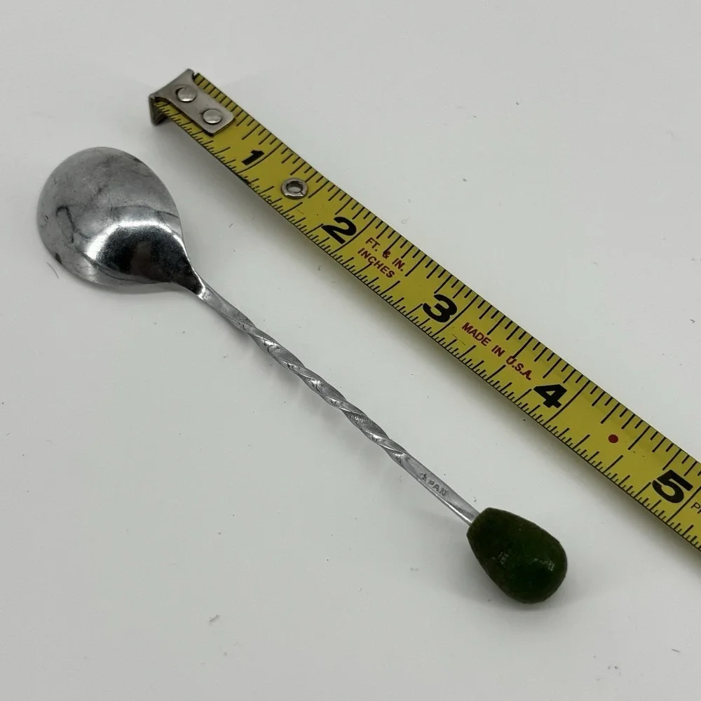 Vintage Bar Spoon Swizzle Japan Stainless Steel Twisted Hanlde 5in W/Green Wood‎